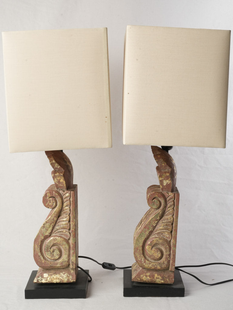 Pair of French Gilt Bosierie Table Lamps W/ Square Shades Circa 1970s - 28¾"