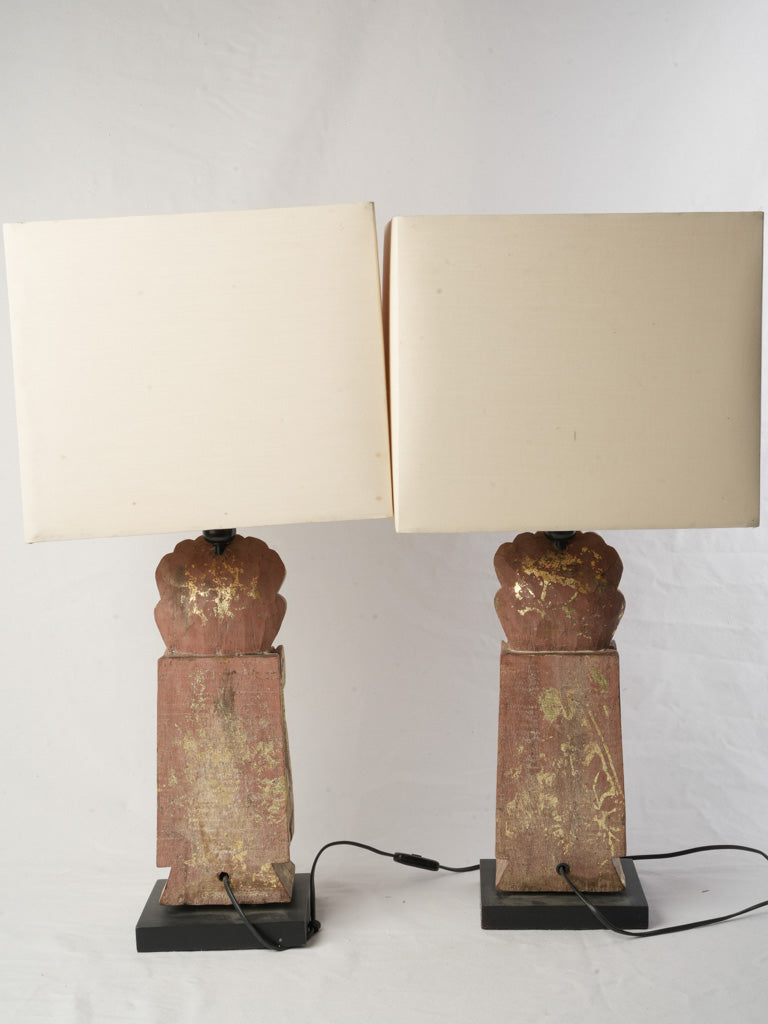 Pair of French Gilt Bosierie Table Lamps W/ Square Shades Circa 1970s - 28¾"