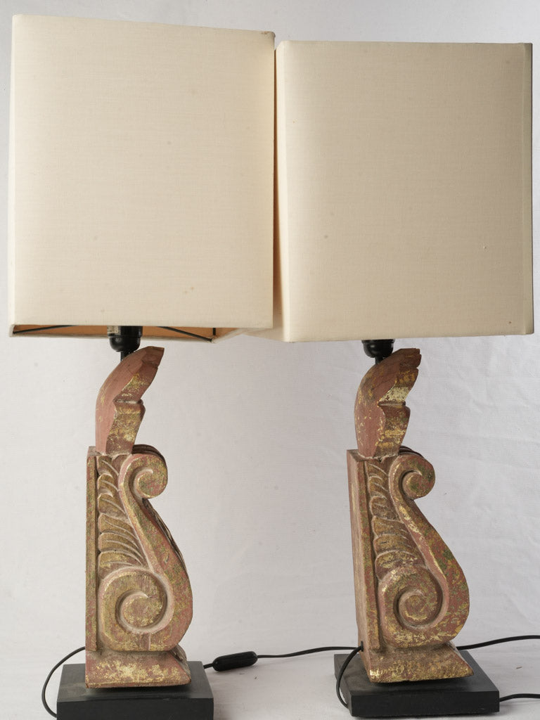 Pair of French Gilt Bosierie Table Lamps W/ Square Shades Circa 1970s - 28¾"