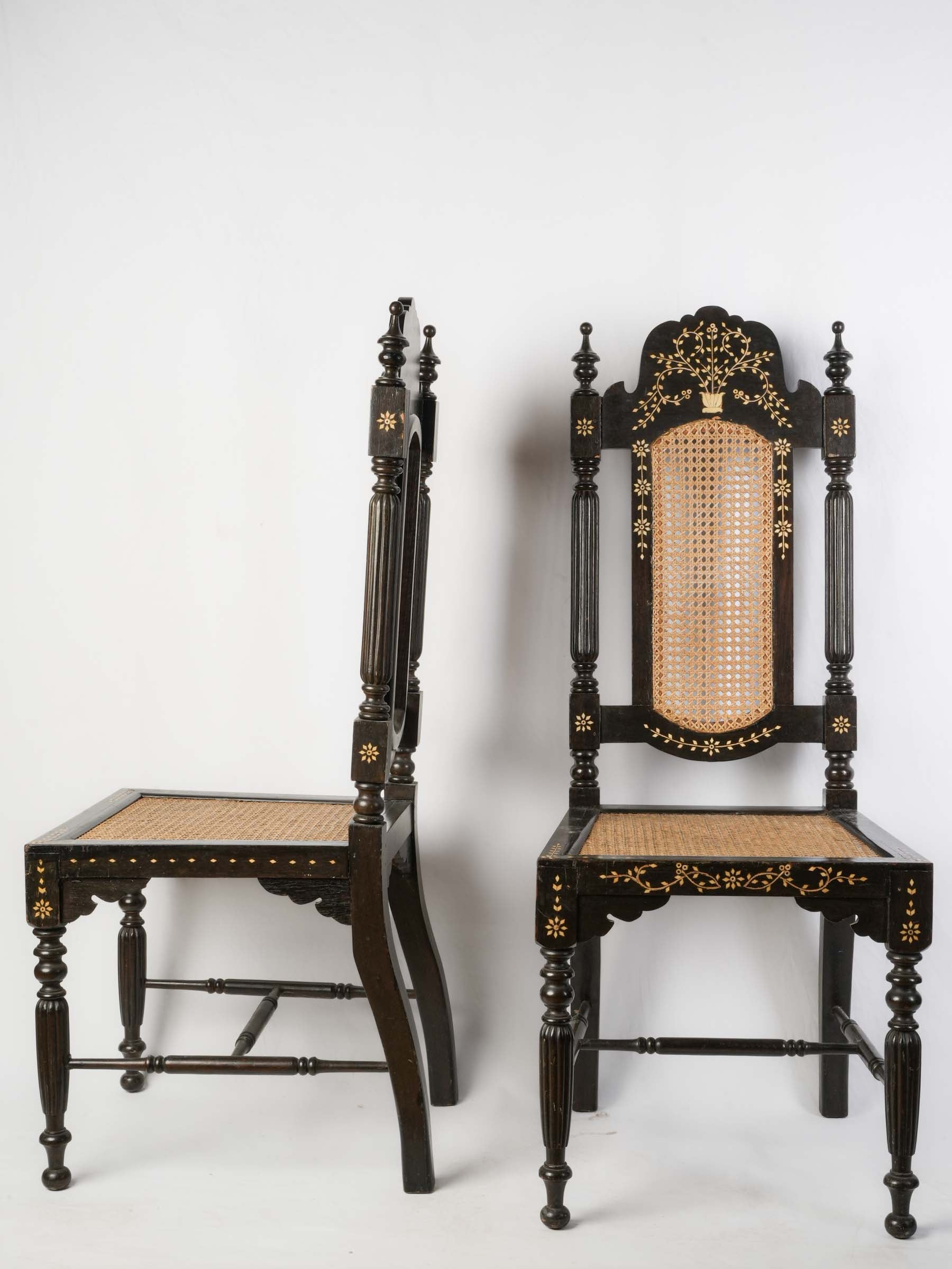 Set of Six Indo-Portuguese Ebonized Wood and Inlaid Cane Chairs, circa 1900