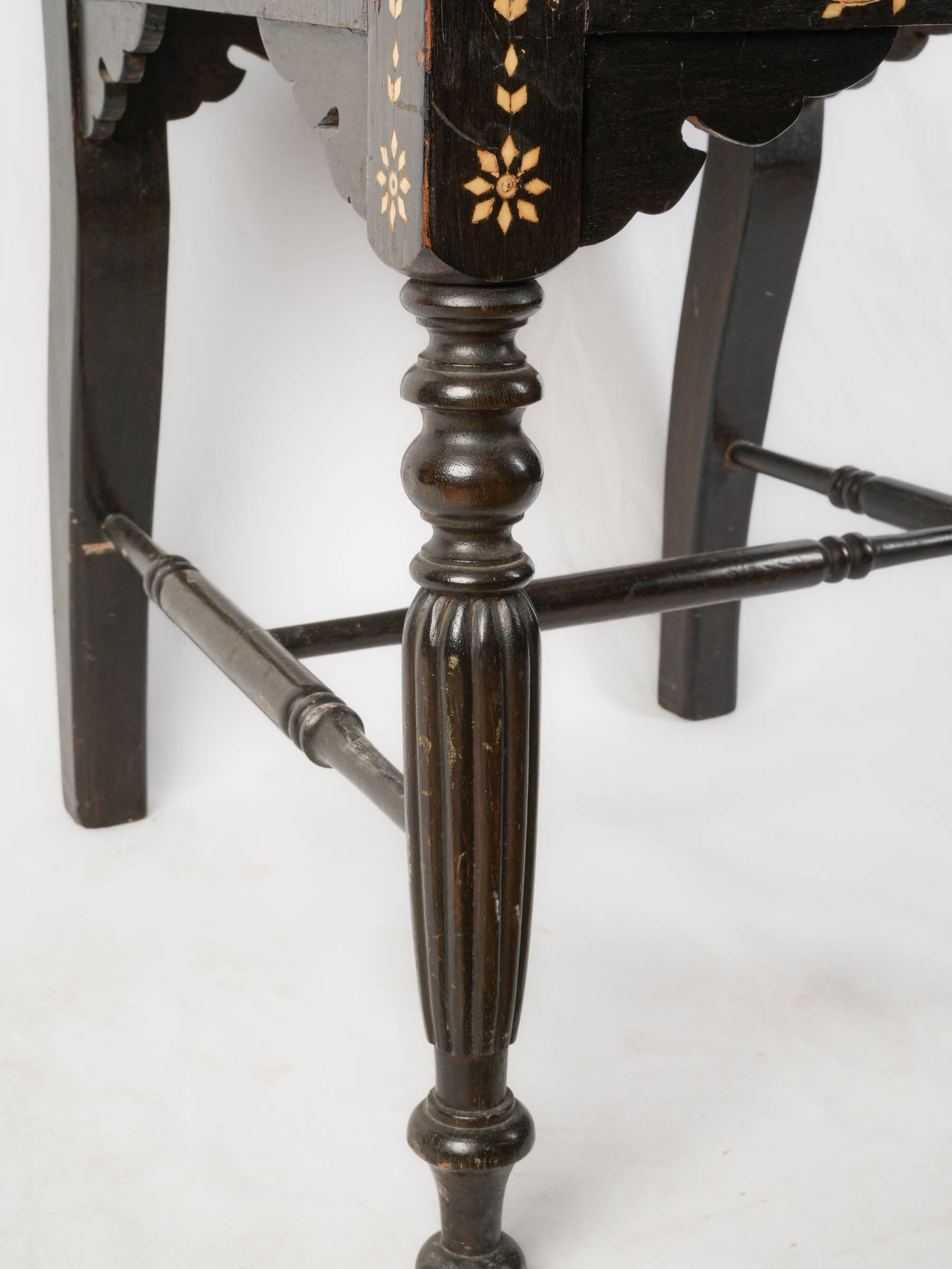 Set of Six Indo-Portuguese Ebonized Wood and Inlaid Cane Chairs, circa 1900