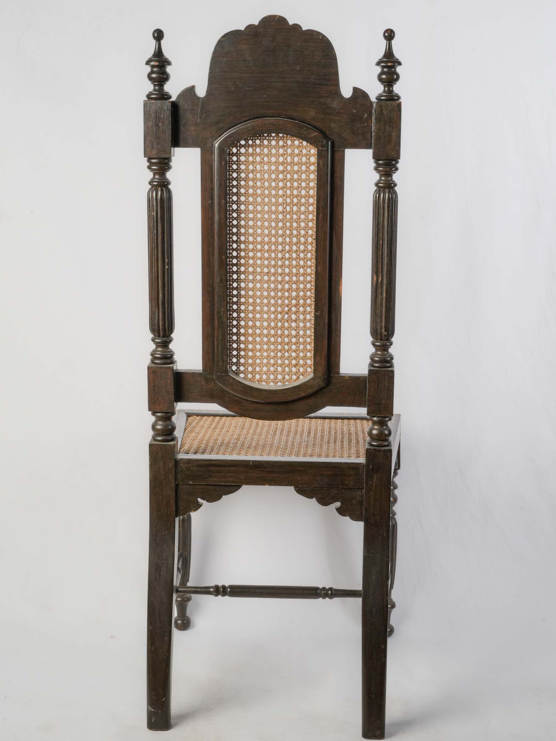 Set of Six Indo-Portuguese Ebonized Wood and Inlaid Cane Chairs, circa 1900