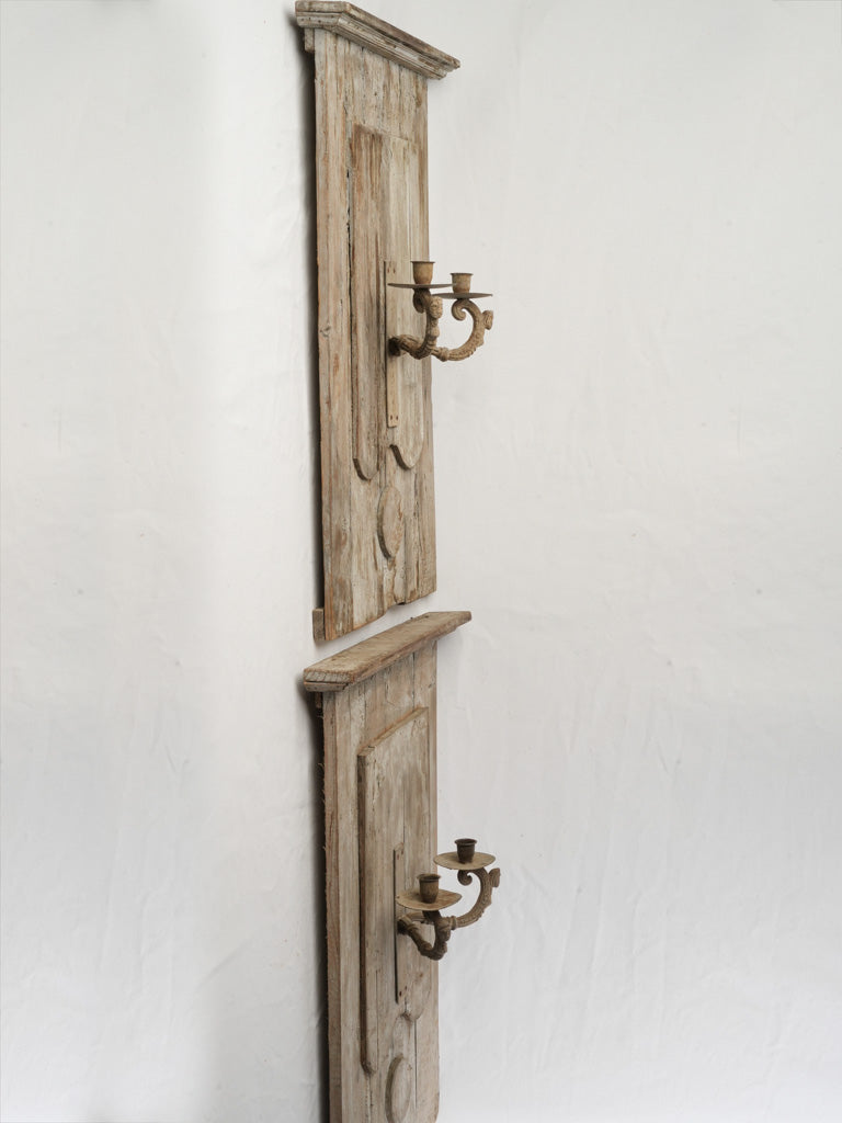 Pair of French Rustic Wall Panels W/ Iron Candle Sconces Circa 1970s - 28¼" x 18"
