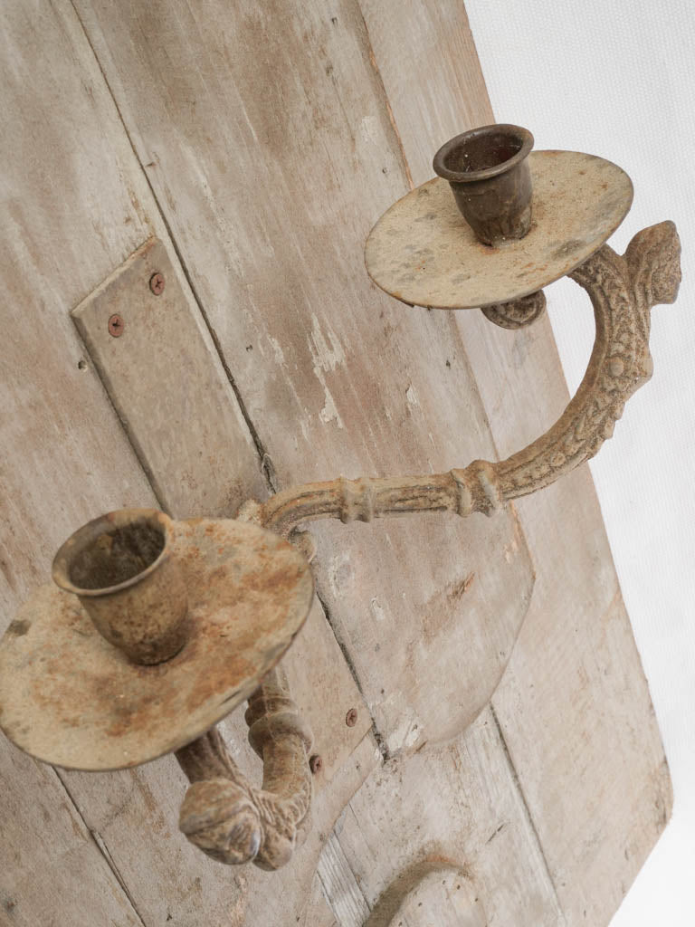 Pair of French Rustic Wall Panels W/ Iron Candle Sconces Circa 1970s - 28¼" x 18"