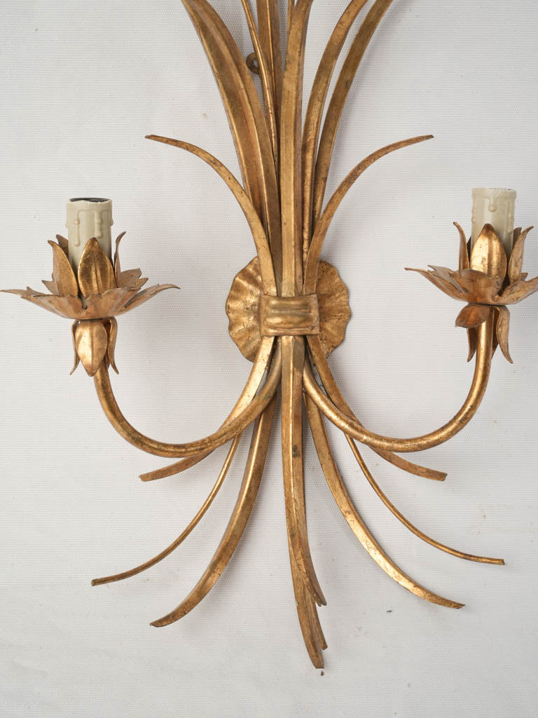 1970s French Gilt Tole Wheat Sheaf Two-Light Wall Sconce - 24" x 14½"