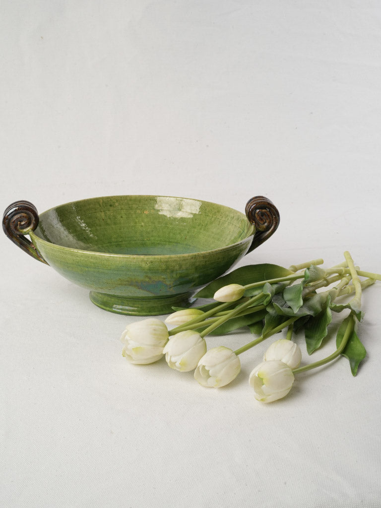 Dieulefit Green Glazed Terracotta Footed Bowl Circa 1920–1950 - 5" x 13"