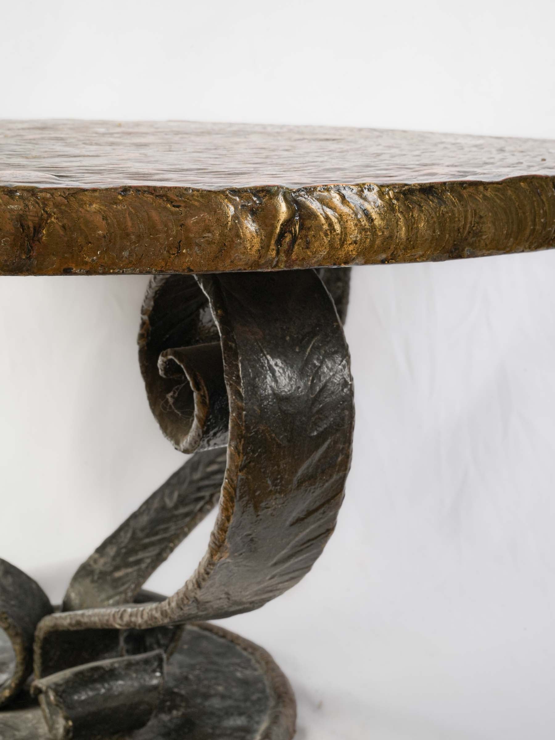 French 1950s Hand-Forged Iron and Hammered Copper Coffee Table - 15" x 28¼"
