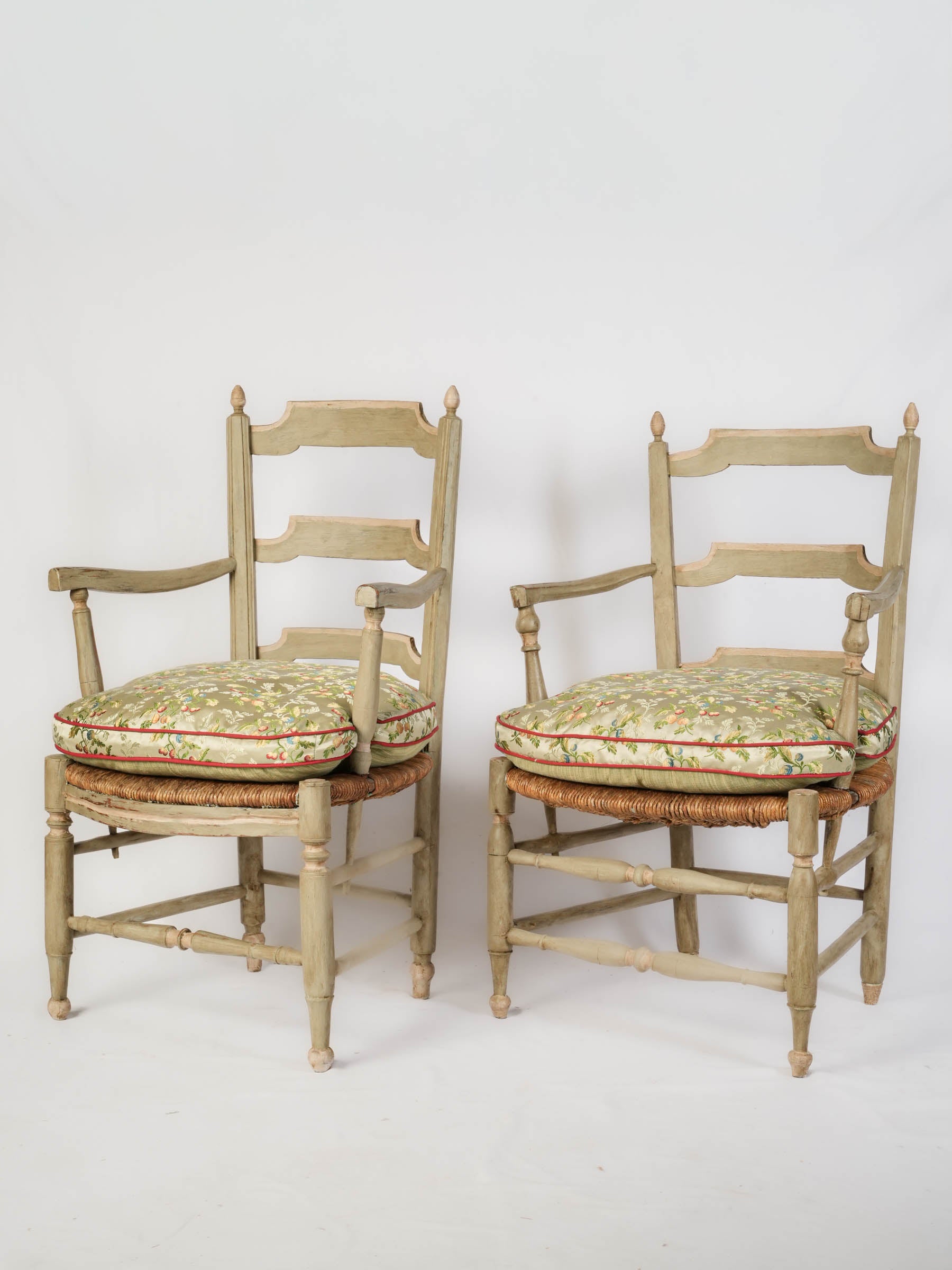 Near Pair of Provençal Armchairs w/ Luminous Embroidered Silk Cushions - 36¼" x 22¾"