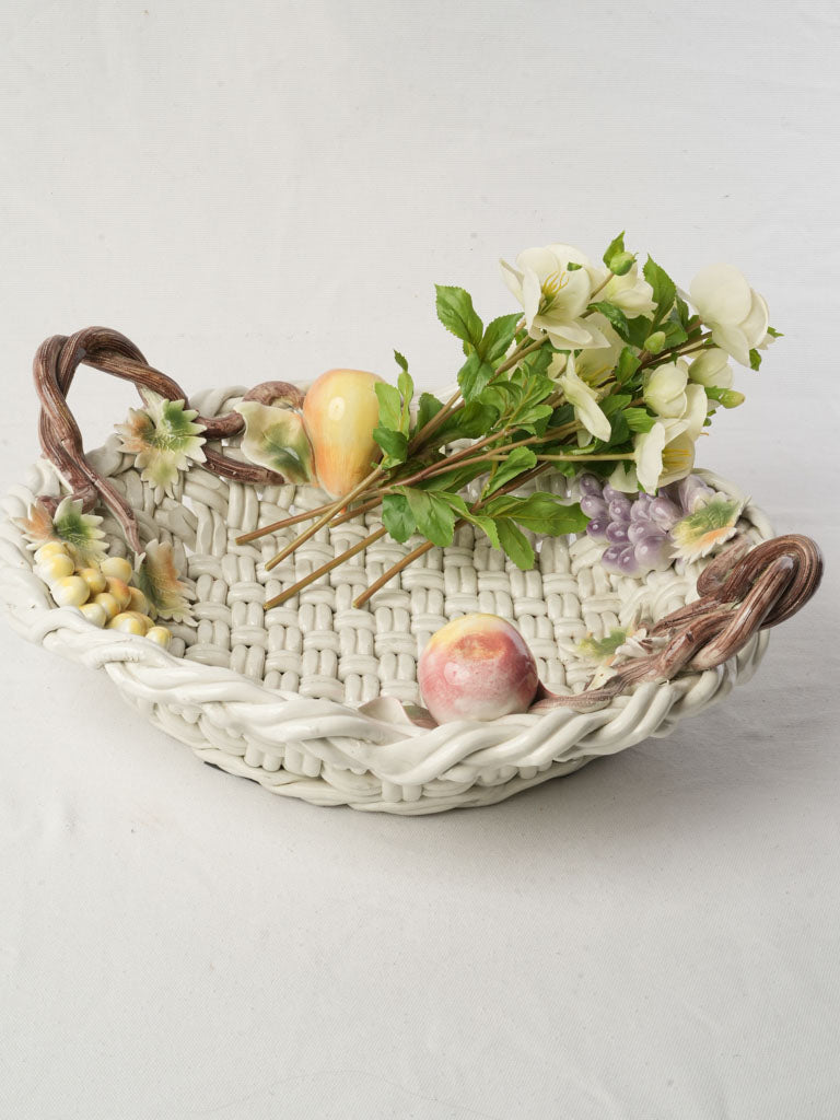 Large Mid-20th Century Vallauris Majolica Basket-Shaped Bowl W/ Barbotine Fruit - 20"