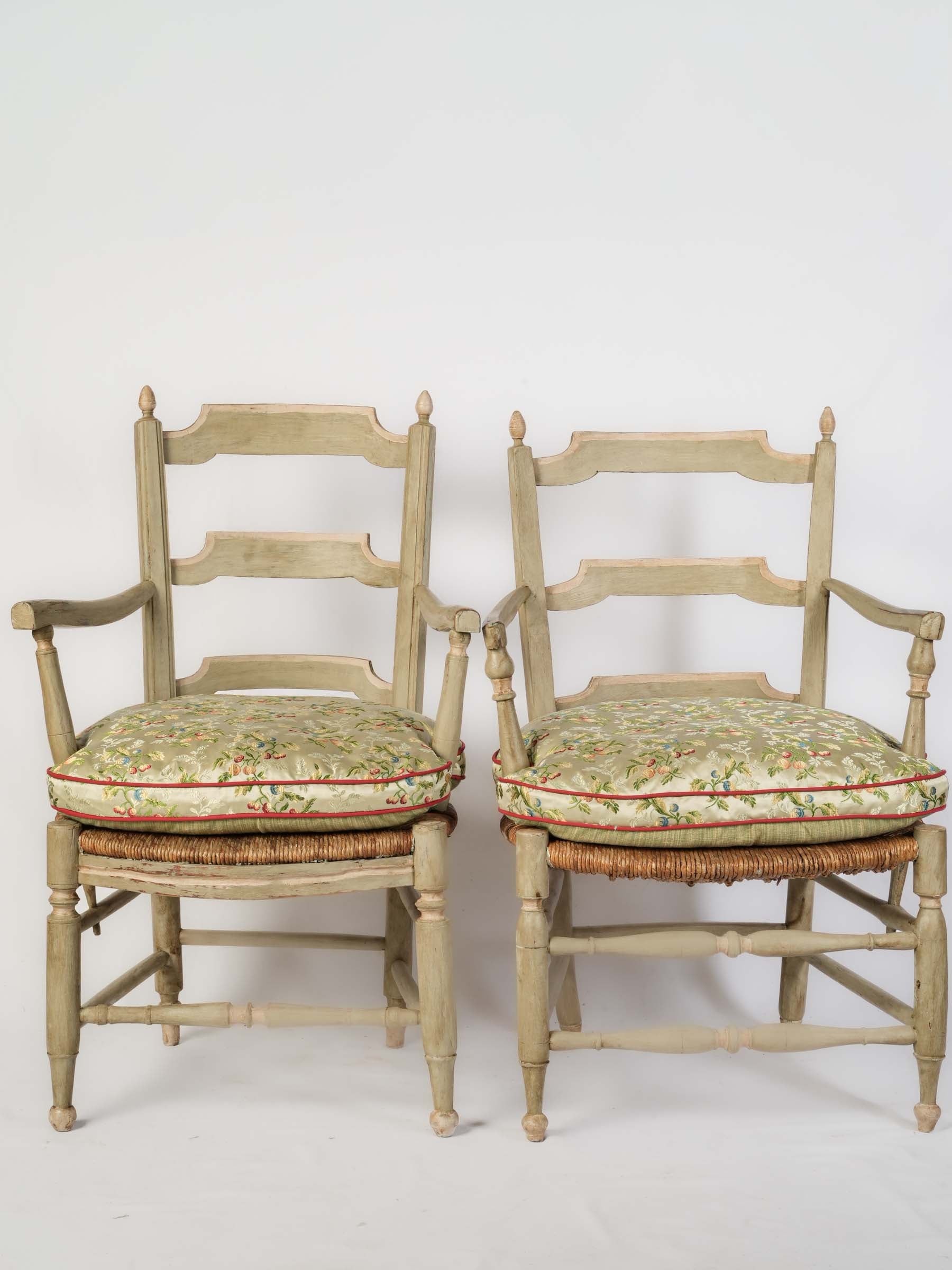Near Pair of Provençal Armchairs w/ Luminous Embroidered Silk Cushions - 36¼" x 22¾"