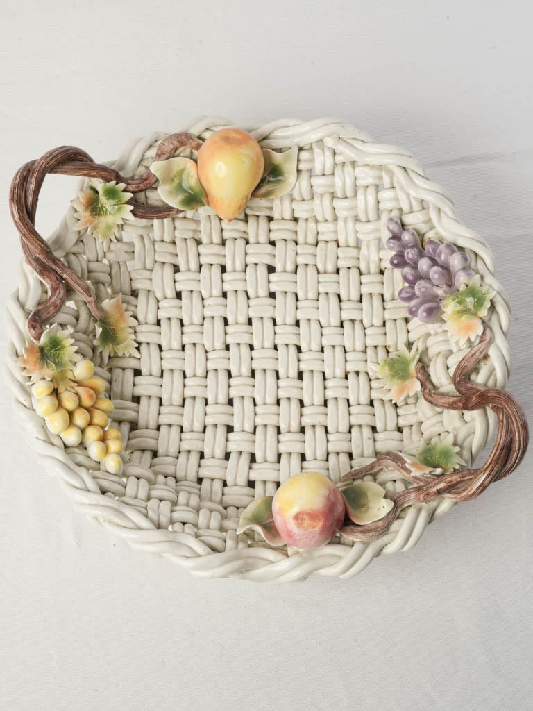 Large Mid-20th Century Vallauris Majolica Basket-Shaped Bowl W/ Barbotine Fruit - 20"