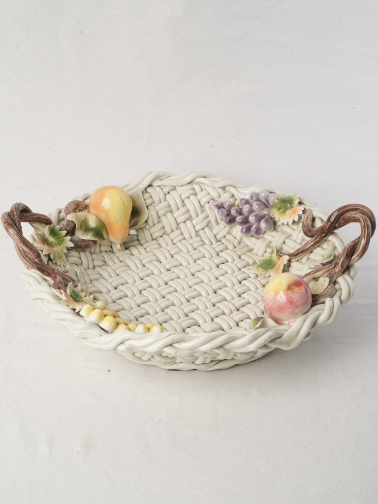 Large Mid-20th Century Vallauris Majolica Basket-Shaped Bowl W/ Barbotine Fruit - 20"