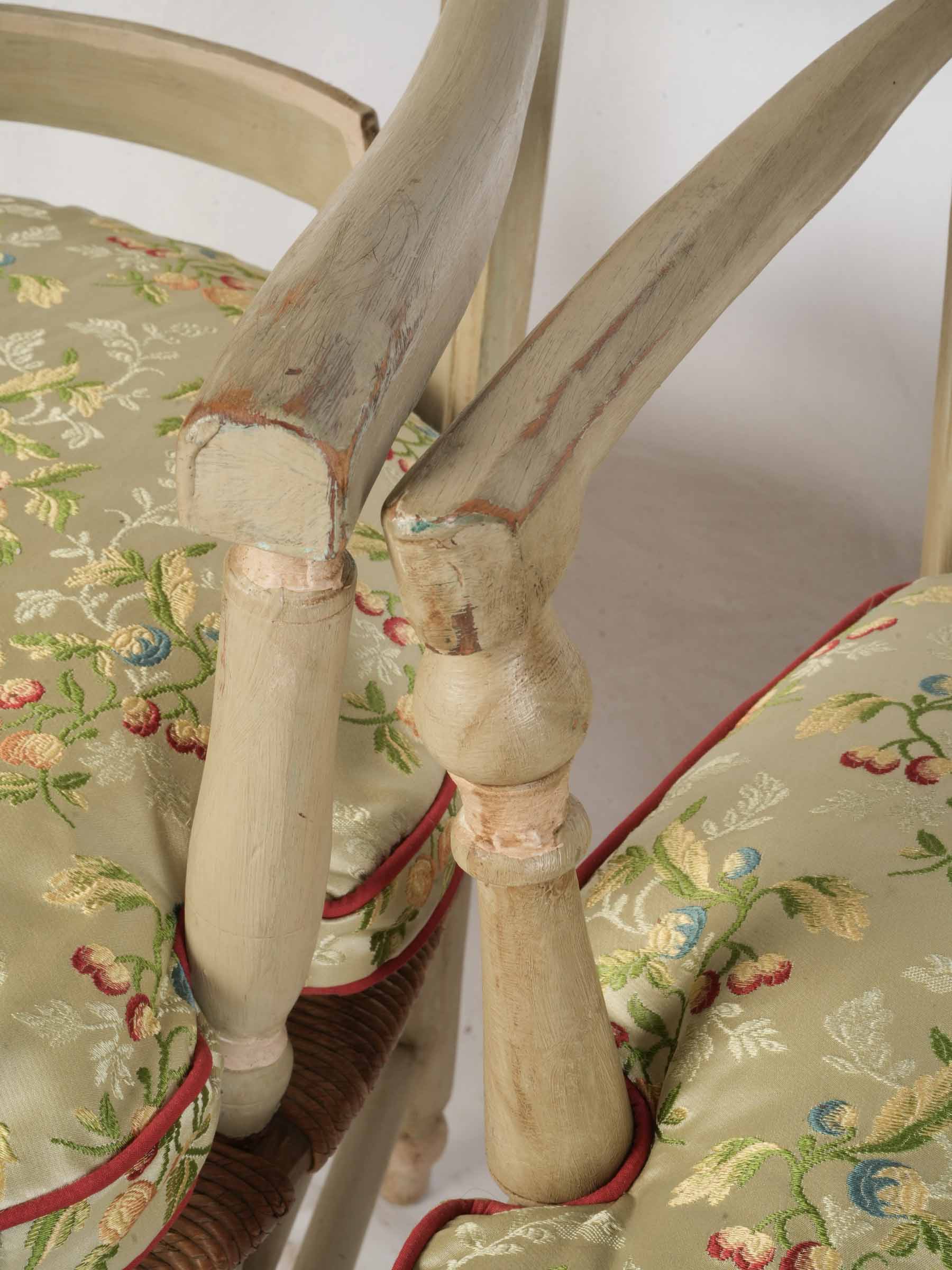 Near Pair of Provençal Armchairs w/ Luminous Embroidered Silk Cushions - 36¼" x 22¾"