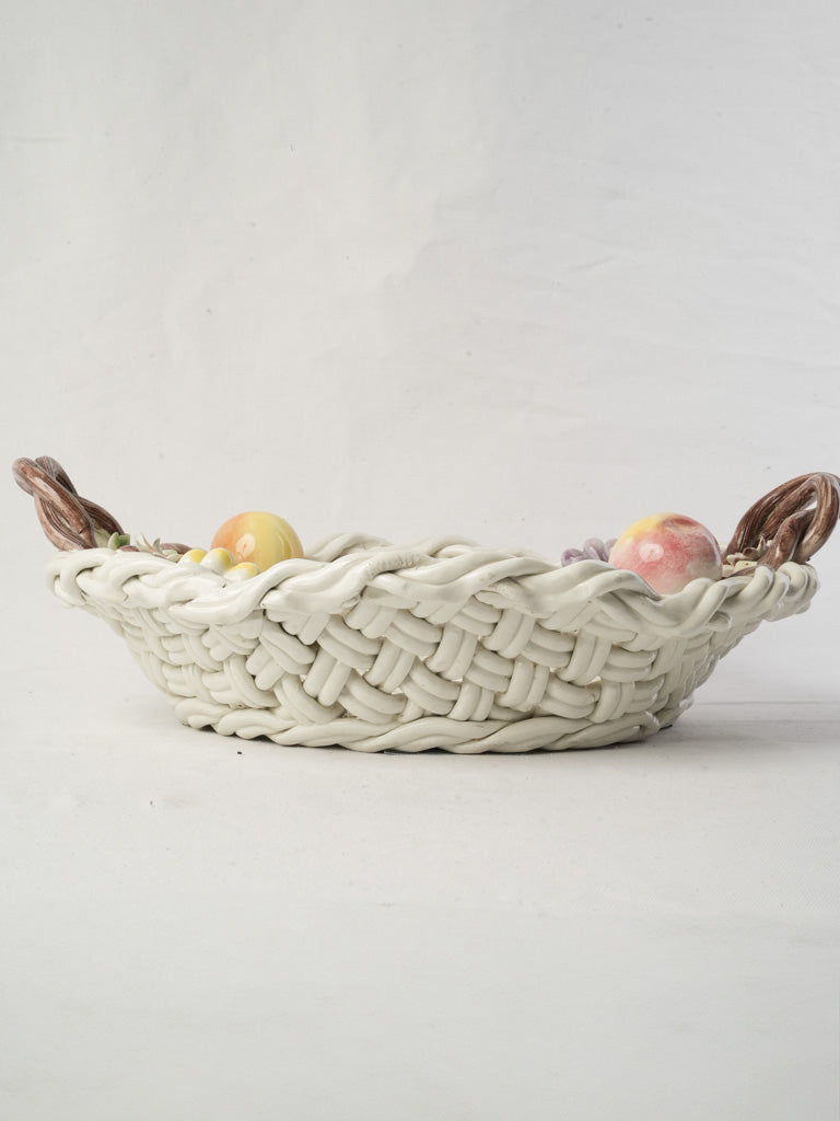 Large Mid-20th Century Vallauris Majolica Basket-Shaped Bowl W/ Barbotine Fruit - 20"
