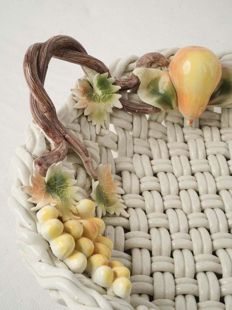Large Mid-20th Century Vallauris Majolica Basket-Shaped Bowl W/ Barbotine Fruit - 20"