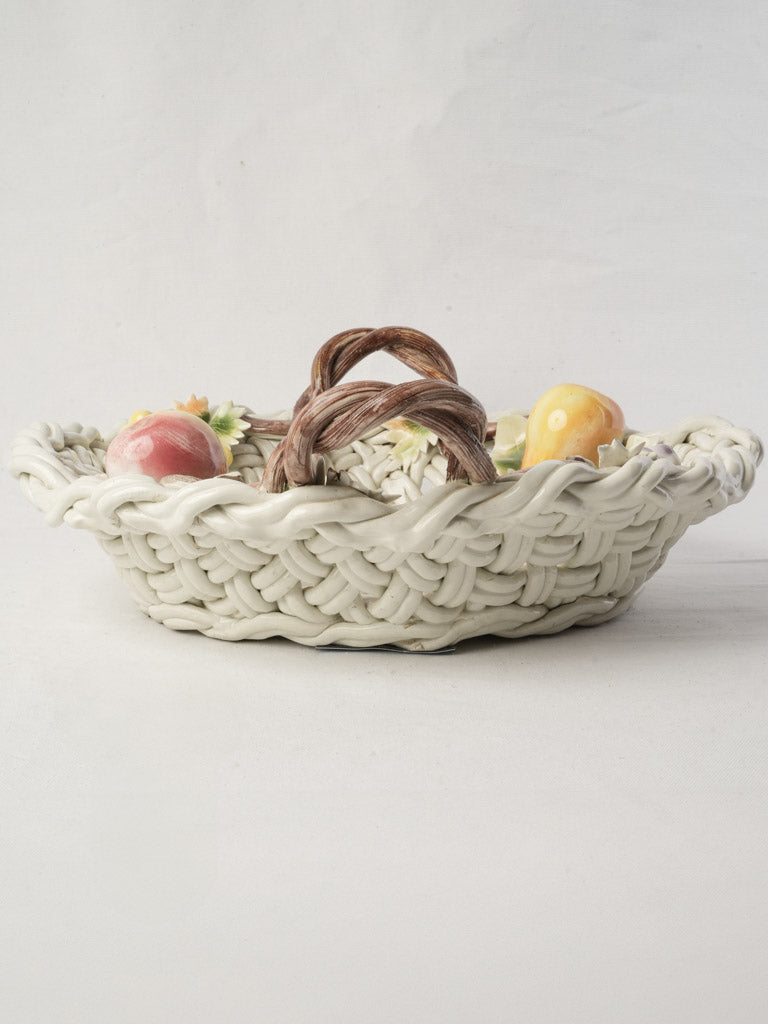 Large Mid-20th Century Vallauris Majolica Basket-Shaped Bowl W/ Barbotine Fruit - 20"