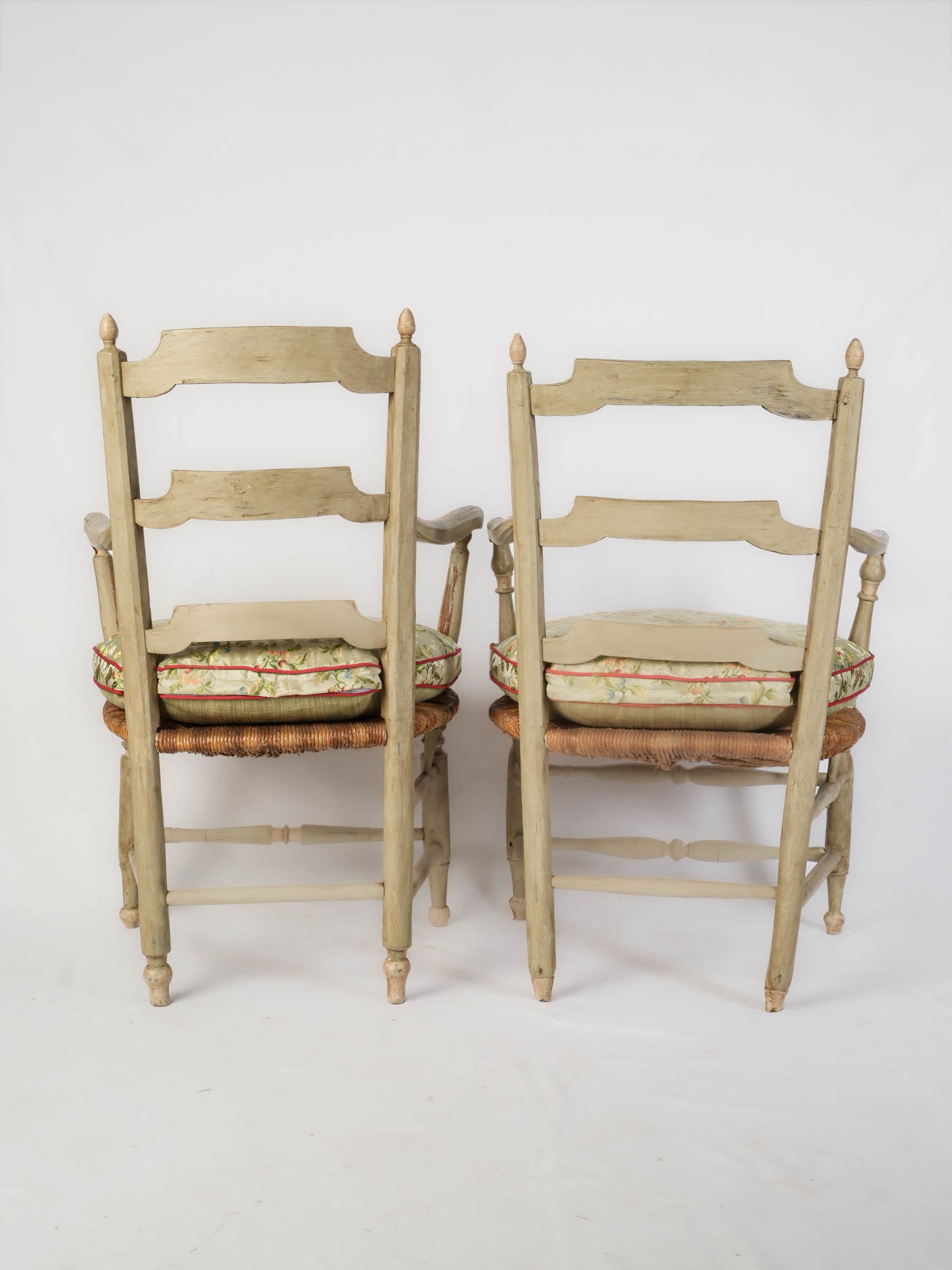 Near Pair of Provençal Armchairs w/ Luminous Embroidered Silk Cushions - 36¼" x 22¾"