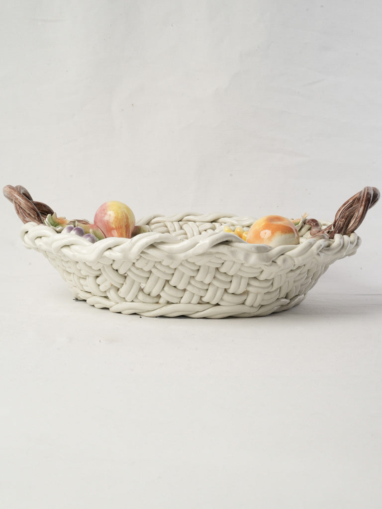 Large Mid-20th Century Vallauris Majolica Basket-Shaped Bowl W/ Barbotine Fruit - 20"