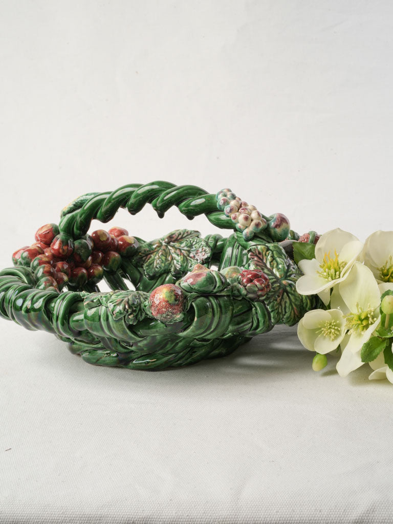 Mid-20th Century Vallauris Majolica Oval Basket W/ Barbotine Fruit - 14¼"