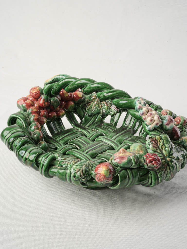 Mid-20th Century Vallauris Majolica Oval Basket W/ Barbotine Fruit - 14¼"