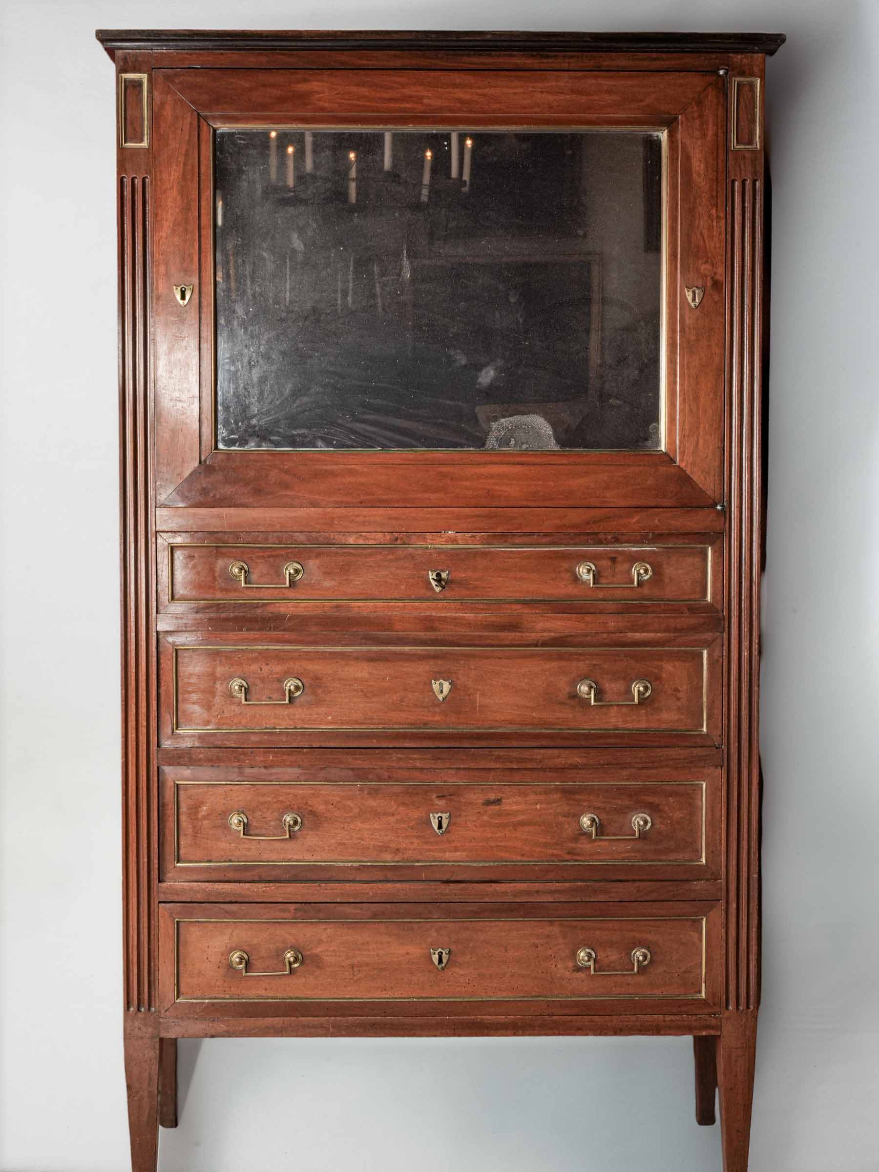 Louis XVI Mahogany Secretary Bookcase w/ Brilliant Mercury Mirror - 74¾" x 43"