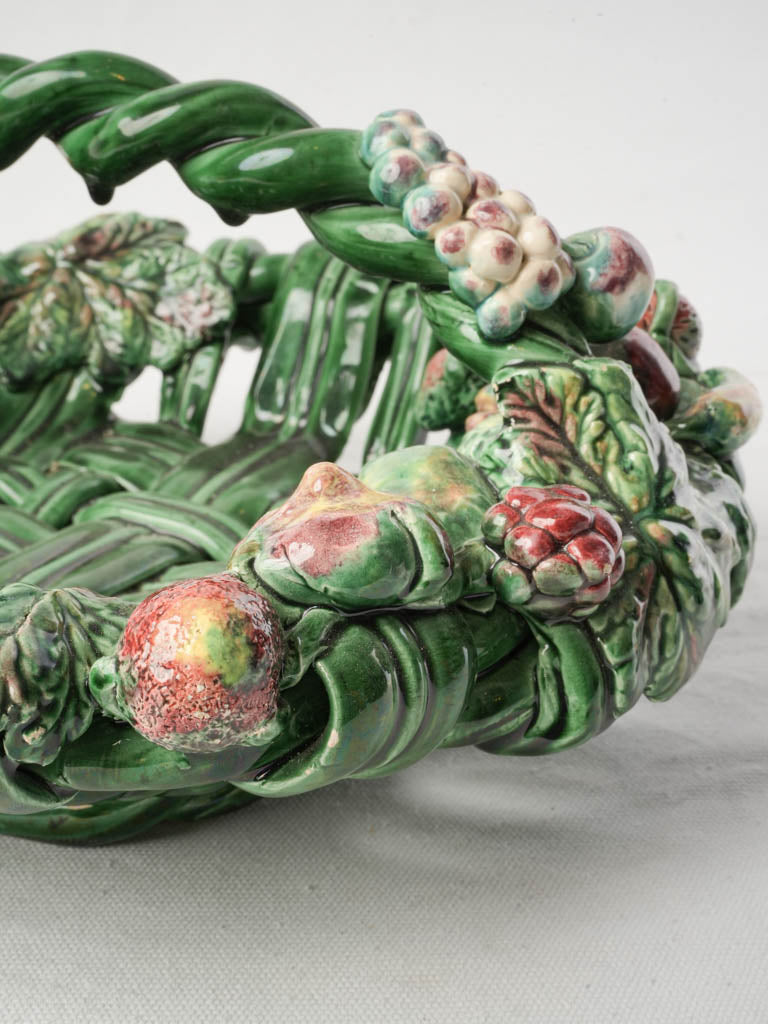 Mid-20th Century Vallauris Majolica Oval Basket W/ Barbotine Fruit - 14¼"