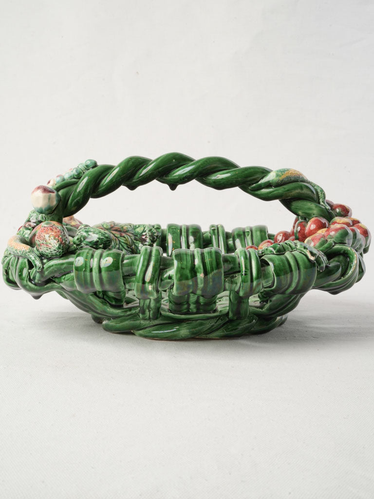 Mid-20th Century Vallauris Majolica Oval Basket W/ Barbotine Fruit - 14¼"