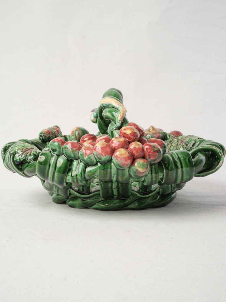 Mid-20th Century Vallauris Majolica Oval Basket W/ Barbotine Fruit - 14¼"