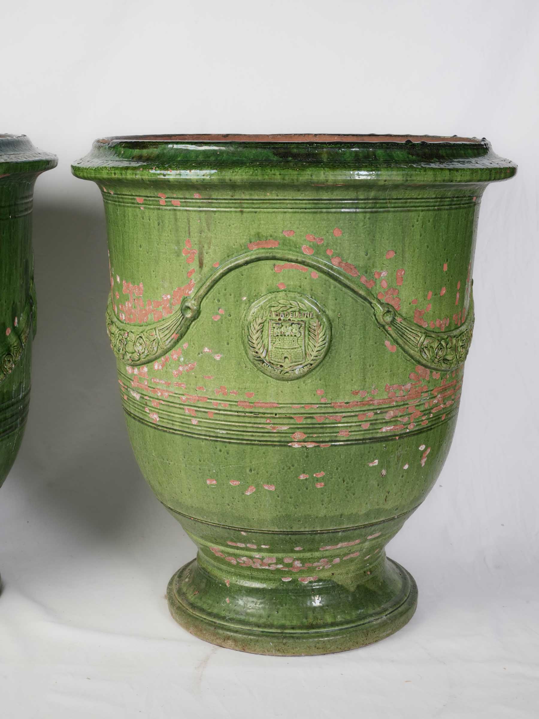 Pair of Large Vintage French Emerald-Glazed Anduze Garden Urns