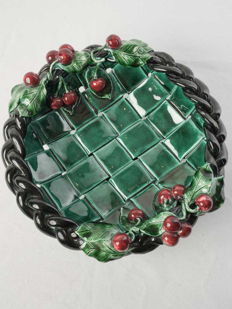 1960s French Vallauris Majolica Basket-Form Bowl W/ Red Cherries - 13½"
