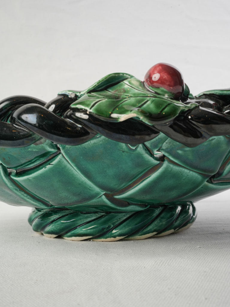 1960s French Vallauris Majolica Basket-Form Bowl W/ Red Cherries - 13½"