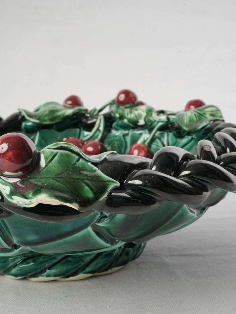 1960s French Vallauris Majolica Basket-Form Bowl W/ Red Cherries - 13½"