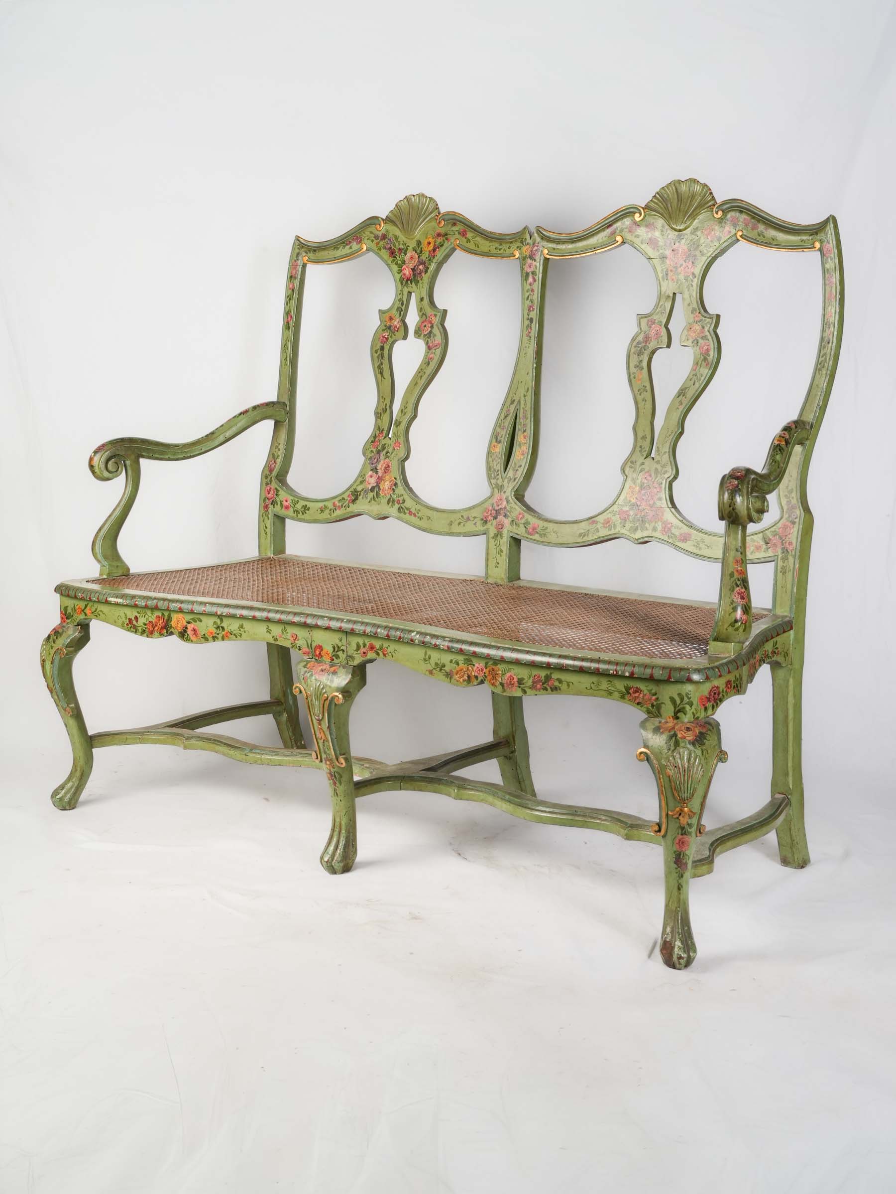 Graceful Italian Painted Openwork Settee with Caned Seat, Late 19th Century - 58"