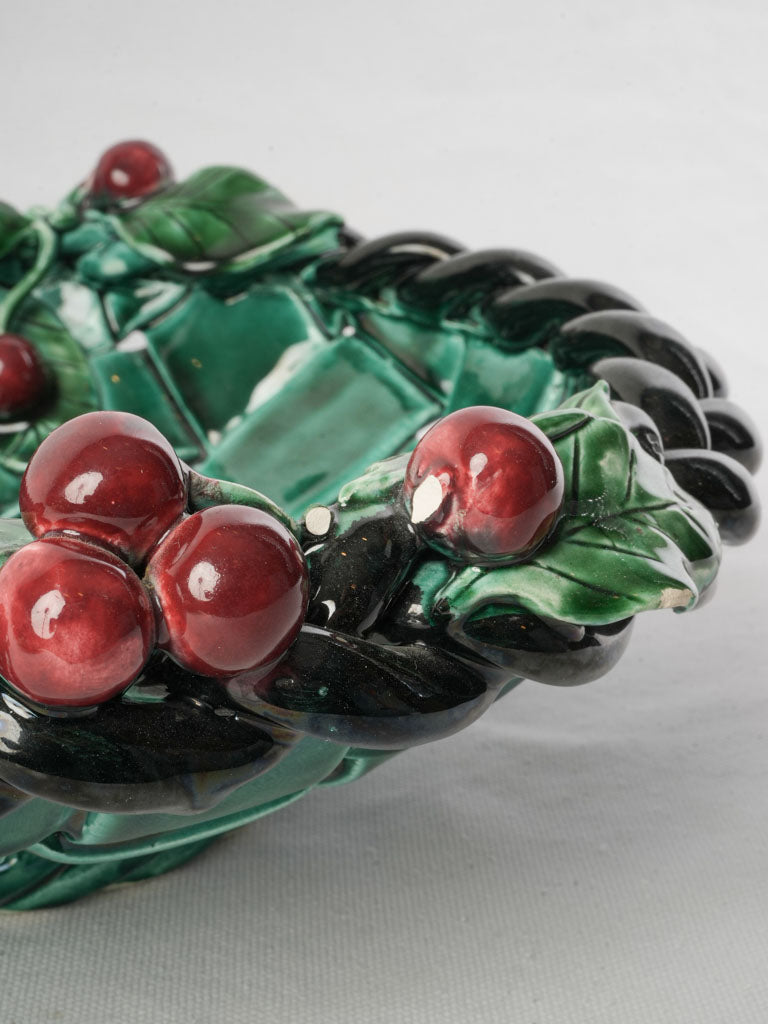 1960s French Vallauris Majolica Basket-Form Bowl W/ Red Cherries - 13½"