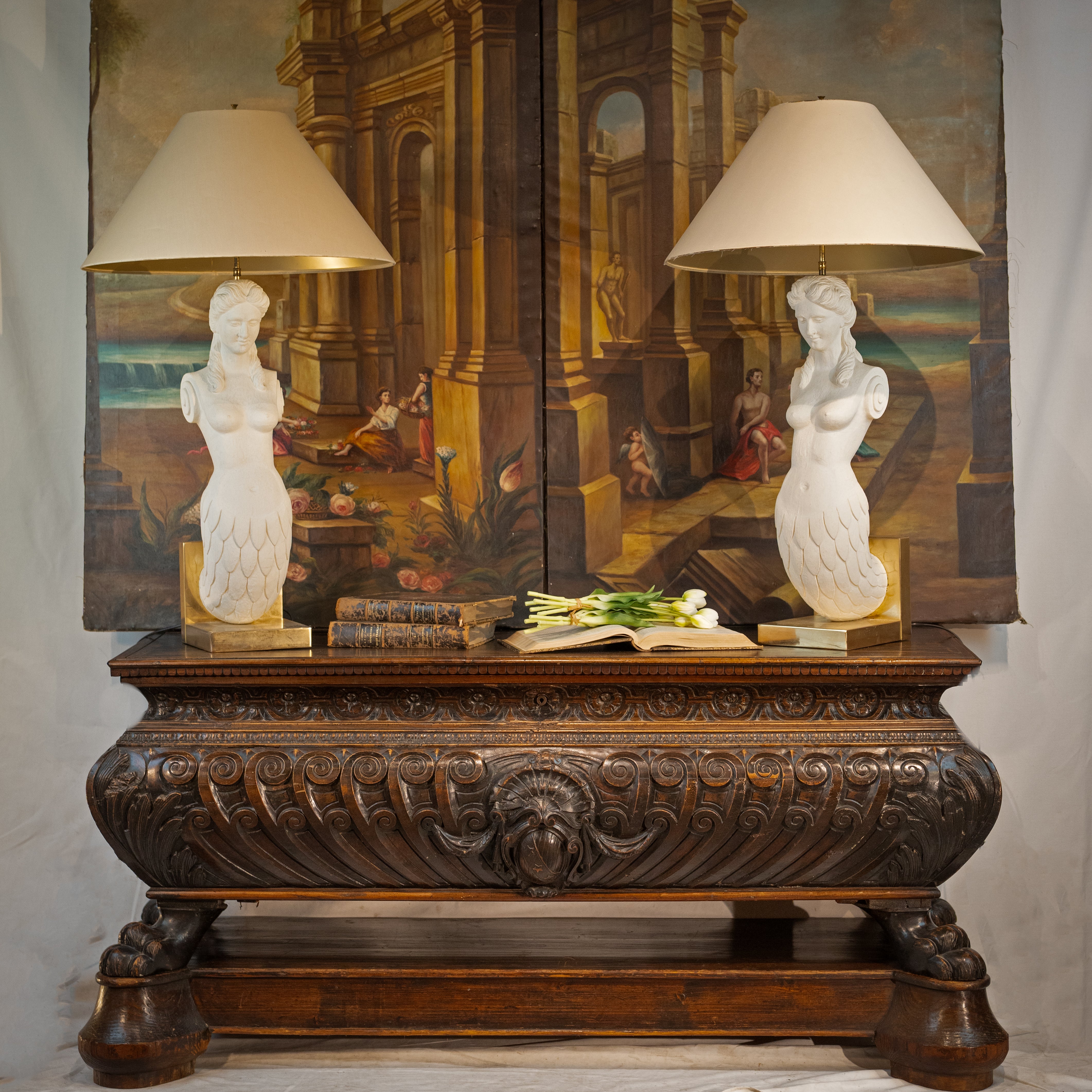 Rare reconstituted stone mermaid French lamps