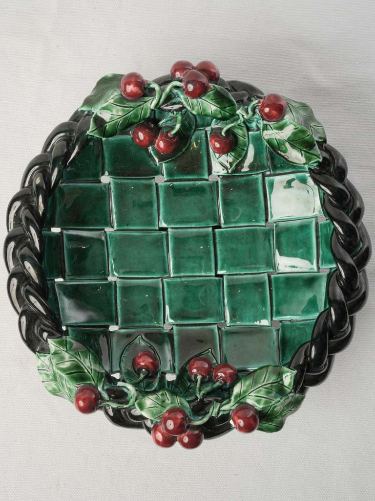 1960s French Vallauris Majolica Basket-Form Bowl W/ Red Cherries - 13½"