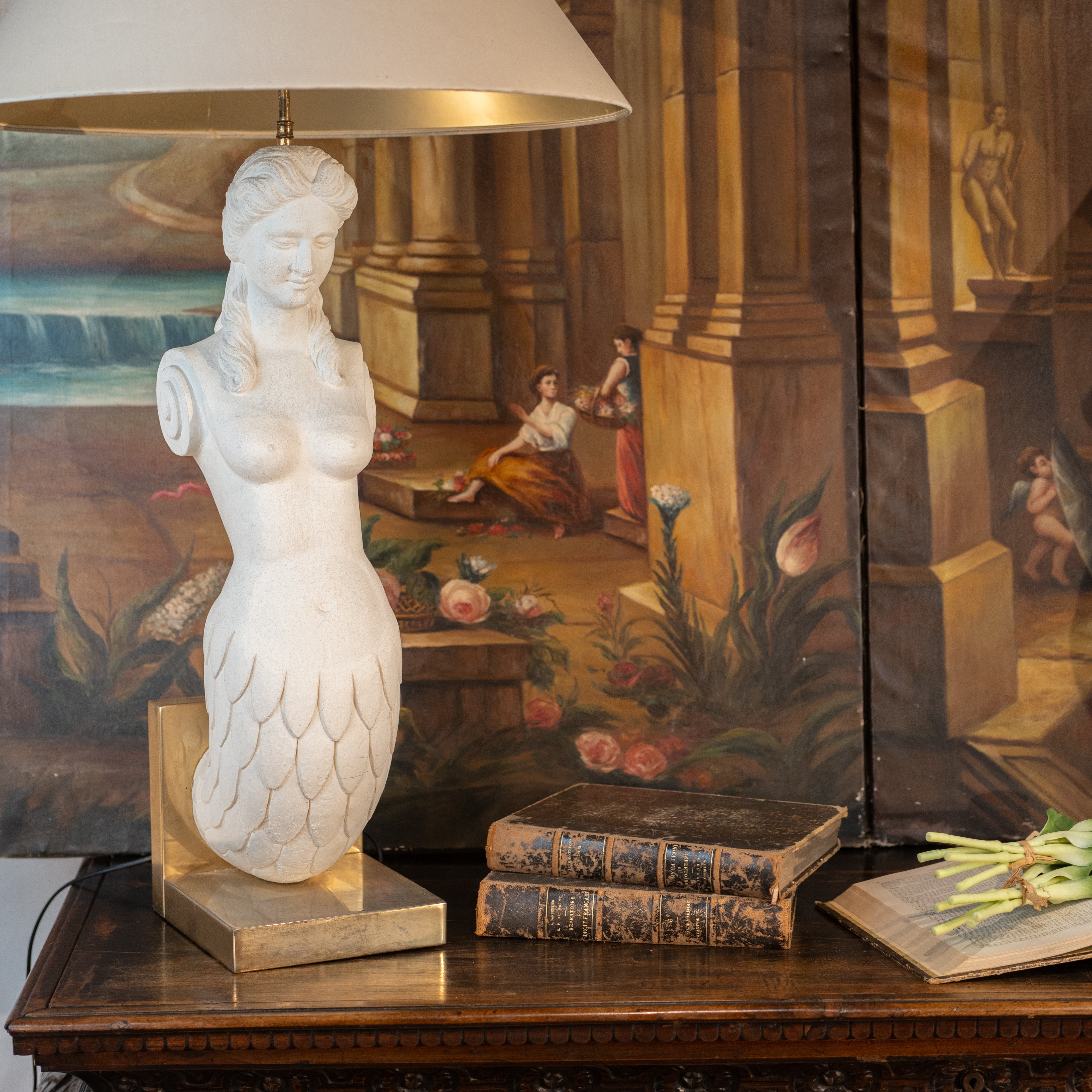 Antique French mermaid sculptural stone lamps