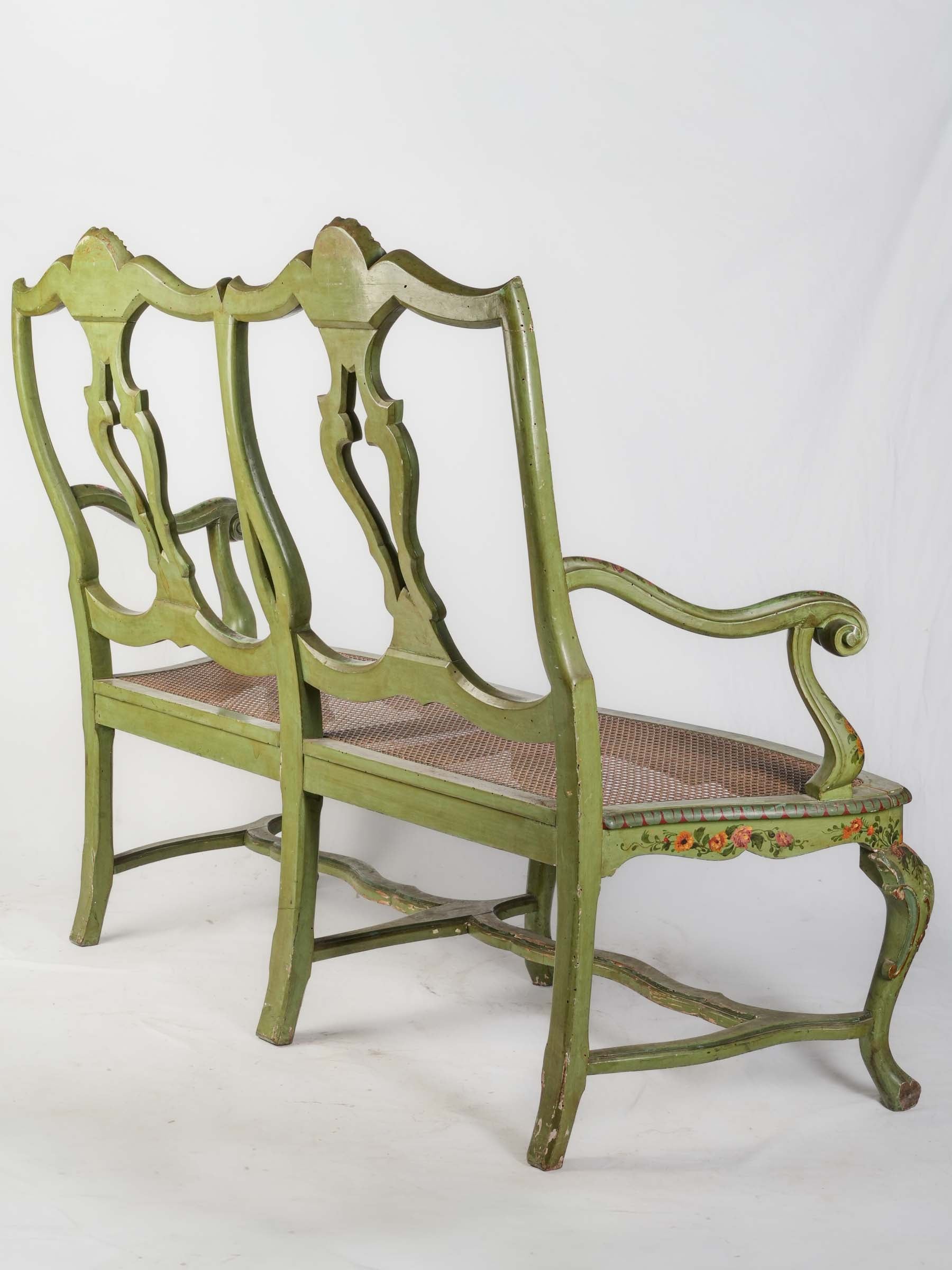 Graceful Italian Painted Openwork Settee with Caned Seat, Late 19th Century - 58"
