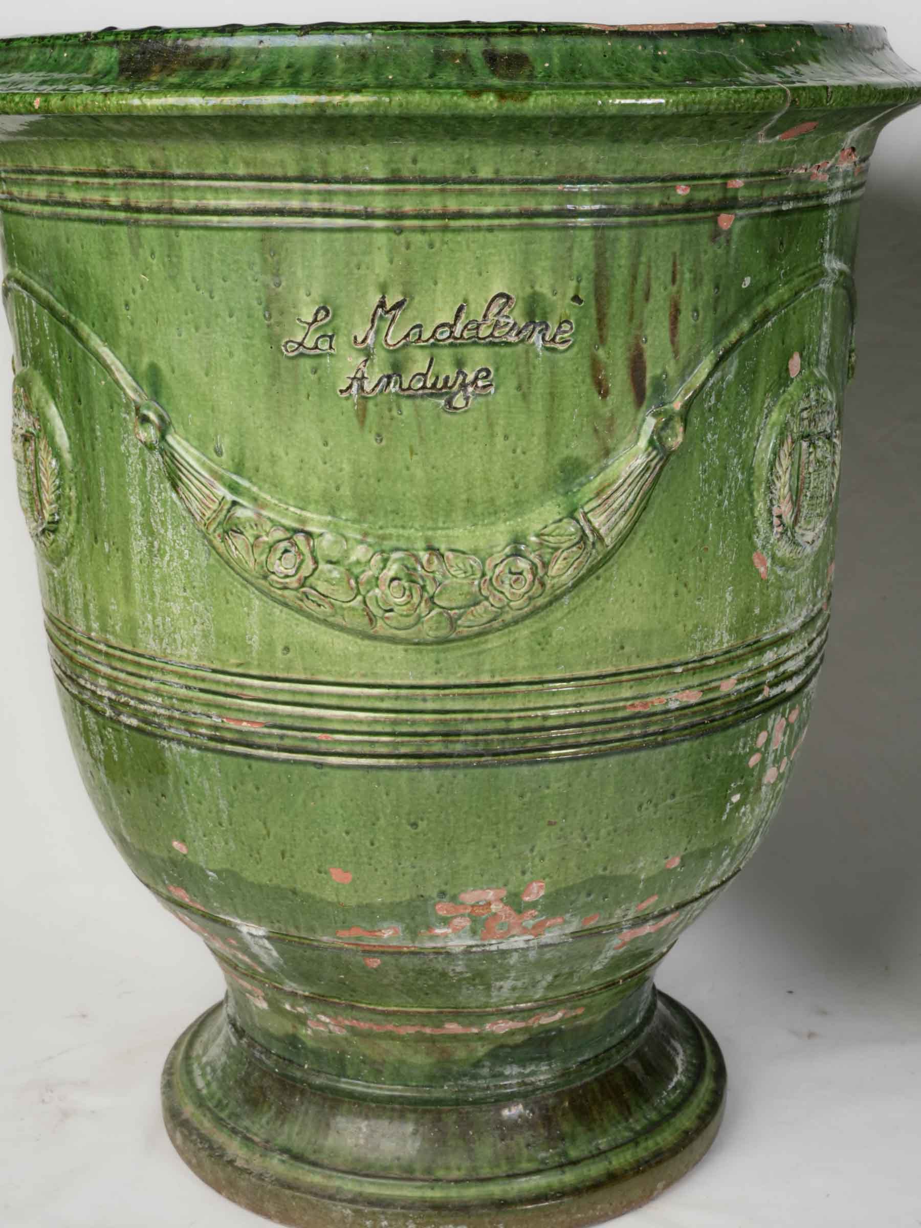 Pair of Large Vintage Green Glazed Anduze Garden Urns - 32¼"