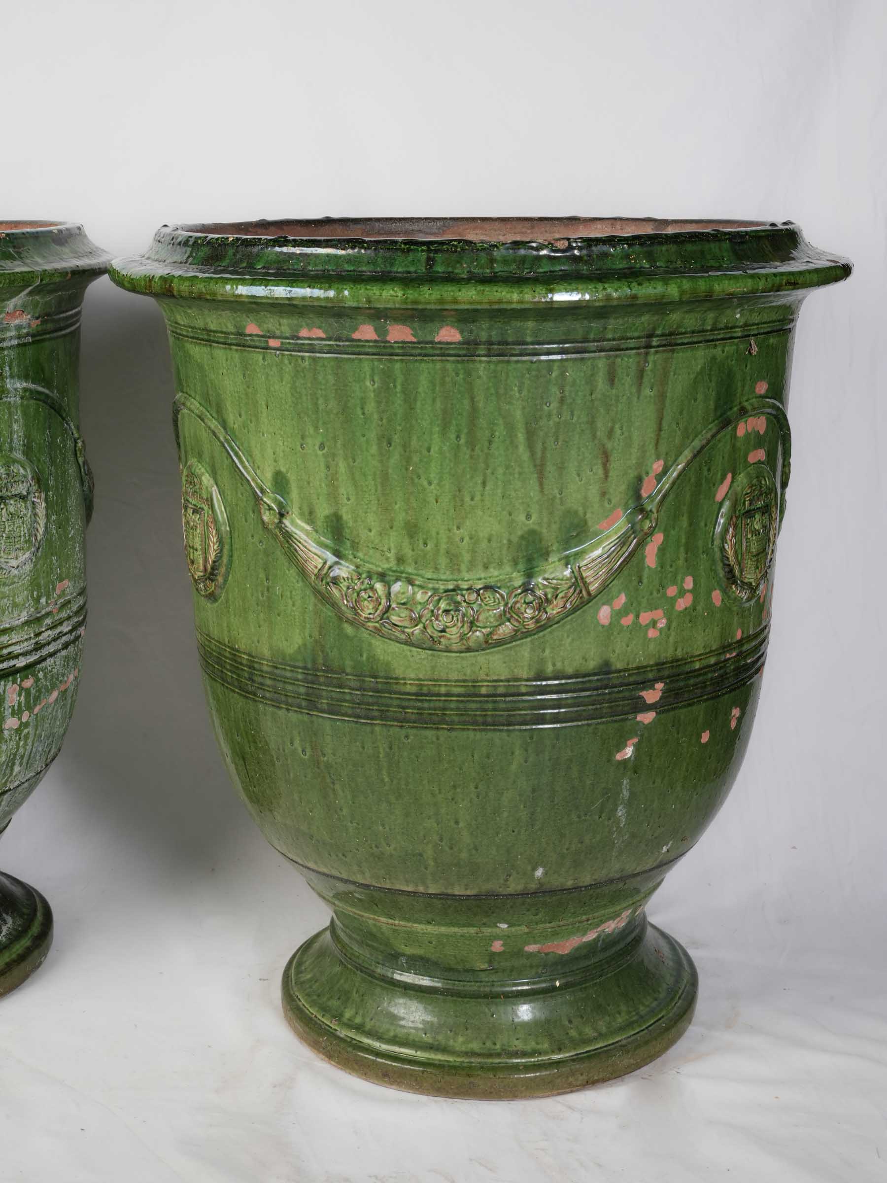 Pair of Large Vintage Green Glazed Anduze Garden Urns - 32¼"