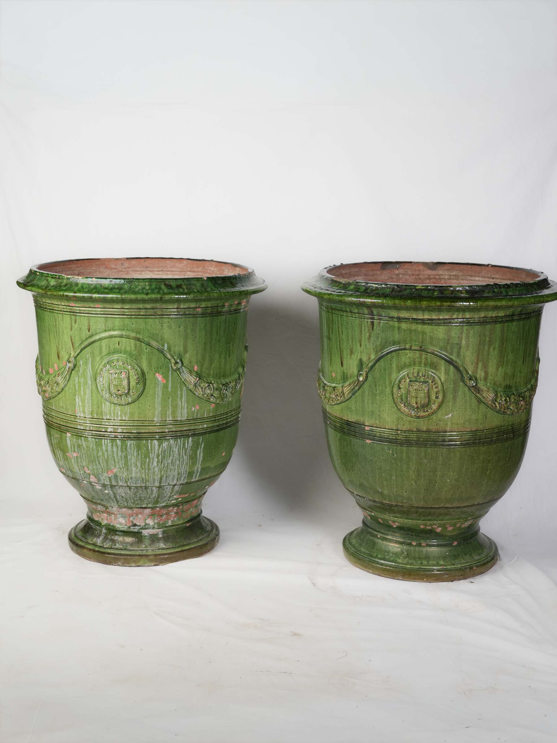 Pair of Large Vintage Green Glazed Anduze Garden Urns - 32¼"