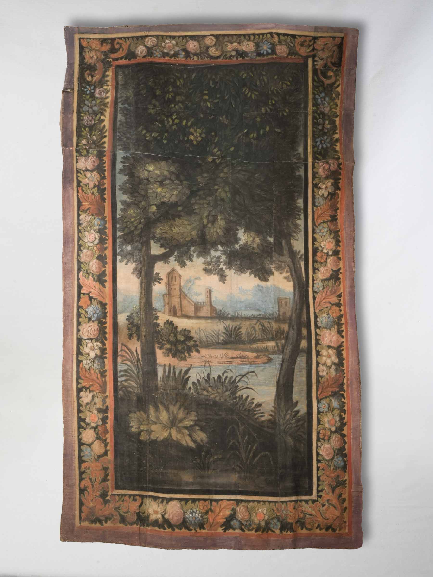 Large 18th Century Provençal Painted Hanging w/ Atmospheric Landscape & Rich Floral Border - 114¼" x 67"