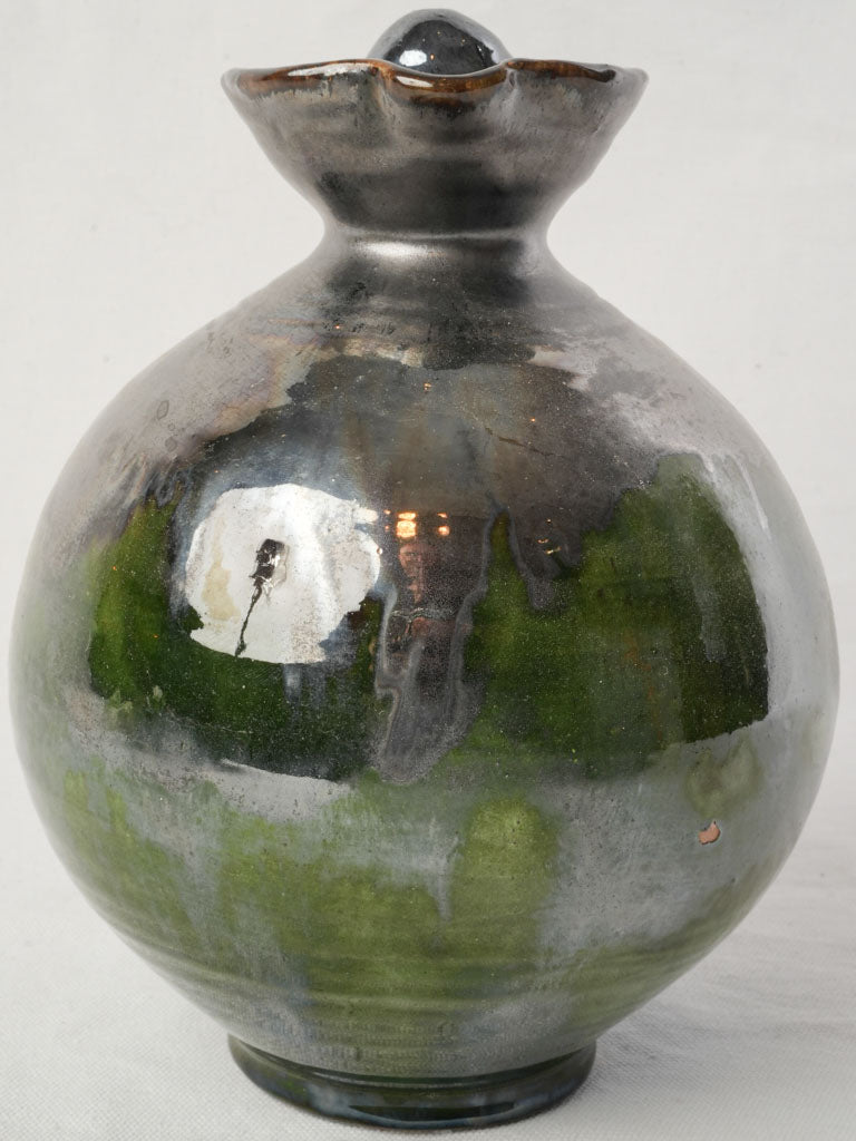 1960s Provençal Signed Studio Metallic Glazed Terracotta Pitcher W/ Stopper - 9¾"