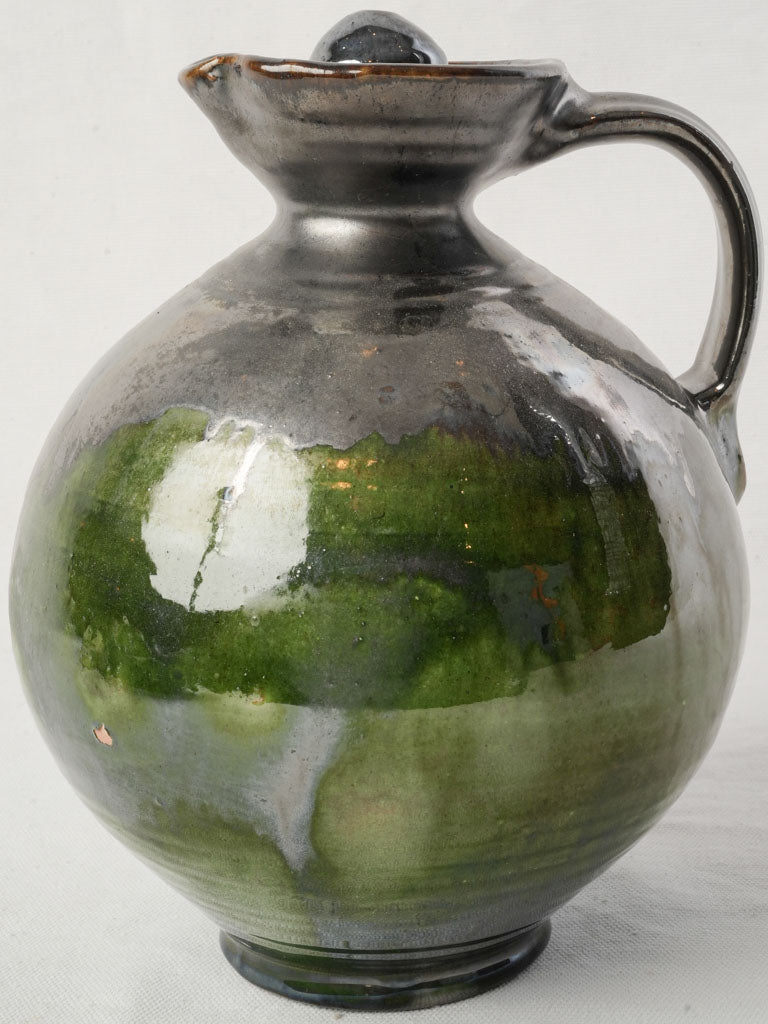 1960s Provençal Signed Studio Metallic Glazed Terracotta Pitcher W/ Stopper - 9¾"