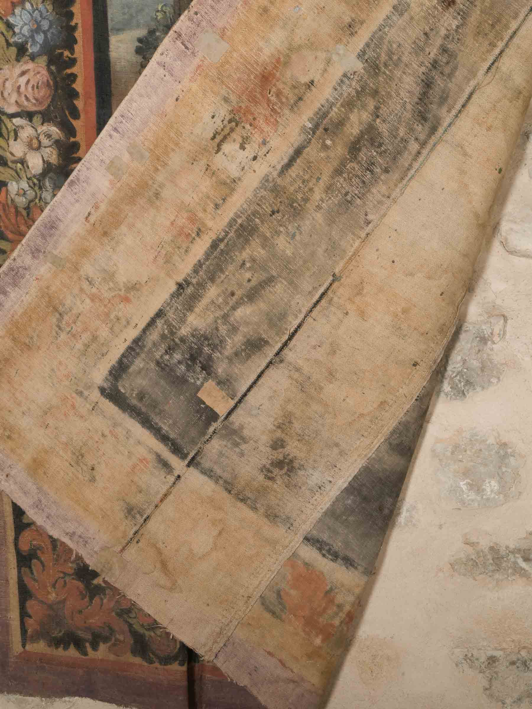 Large 18th Century Provençal Painted Hanging w/ Atmospheric Landscape & Rich Floral Border - 114¼" x 67"