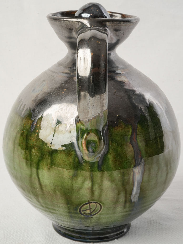 1960s Provençal Signed Studio Metallic Glazed Terracotta Pitcher W/ Stopper - 9¾"
