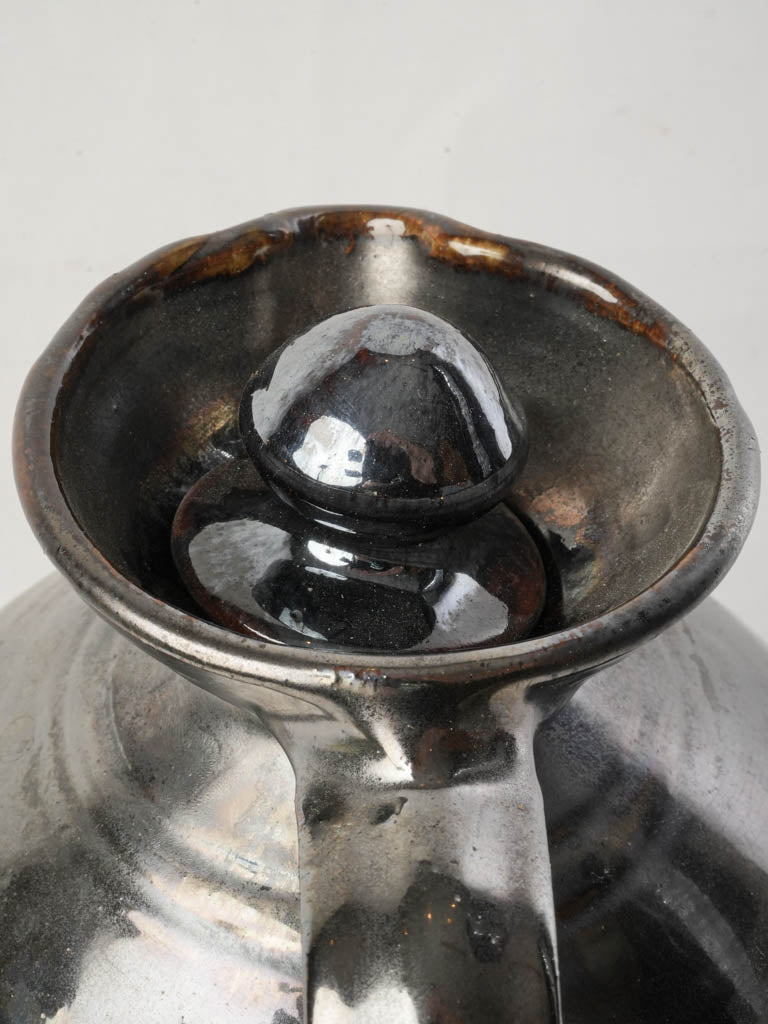 1960s Provençal Signed Studio Metallic Glazed Terracotta Pitcher W/ Stopper - 9¾"