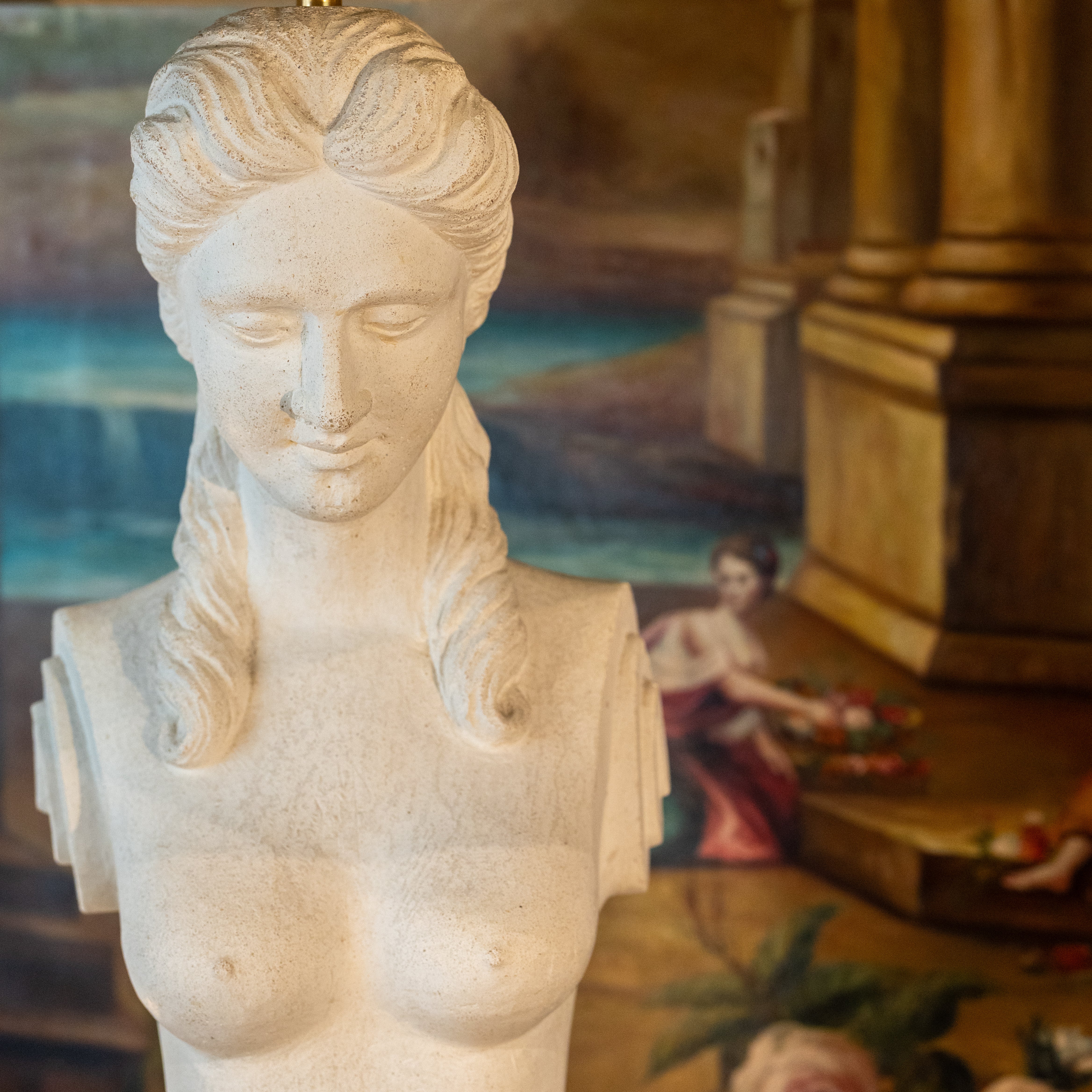 Magnificent sculptural stone mermaid French lamps