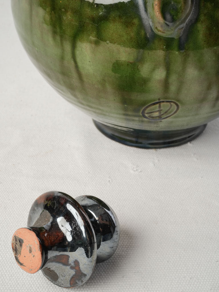 1960s Provençal Signed Studio Metallic Glazed Terracotta Pitcher W/ Stopper - 9¾"