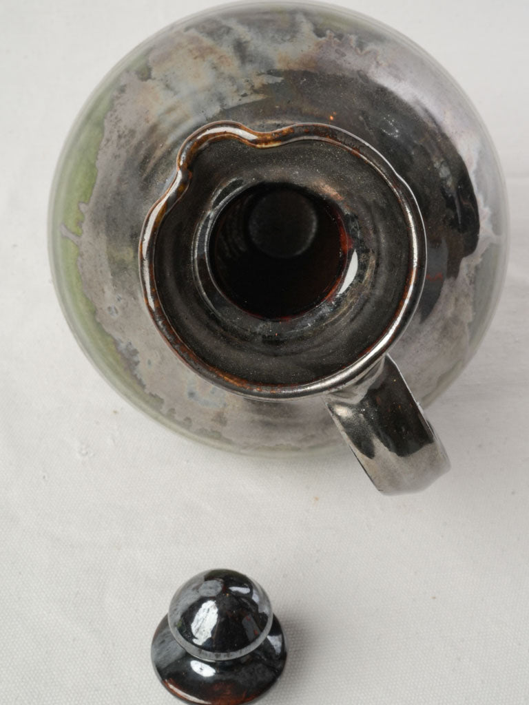 1960s Provençal Signed Studio Metallic Glazed Terracotta Pitcher W/ Stopper - 9¾"
